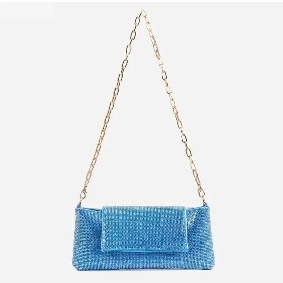 NWT BOXING CHAIN STRAP DETAIL RECTANGLE SHAPED SHOULDER BAG IN BLUE DIAMANTE - Picture 1 of 6